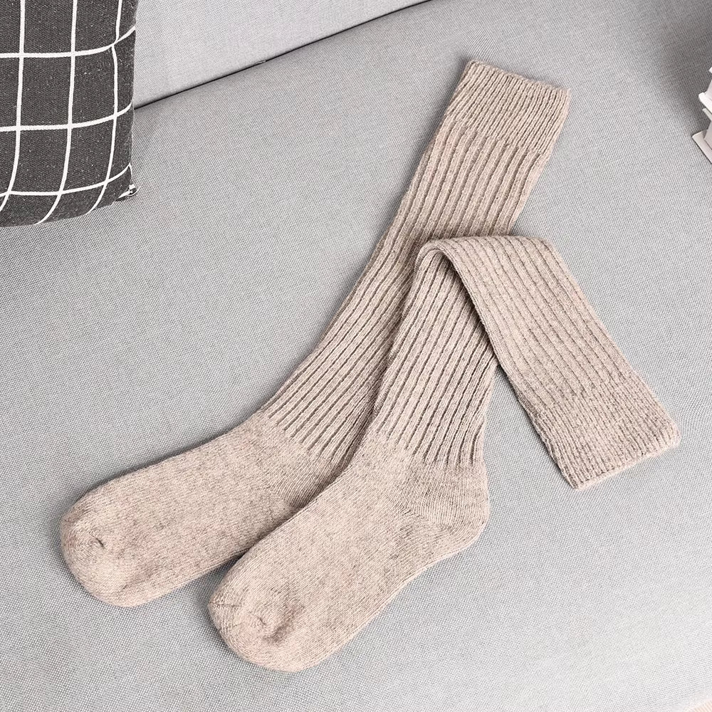 Women Long Socks Cashmere Women Boot Solid Wool Thigh Stocking Skinny Casual Cotton over Knee-High Fluffy Female Long Knee Sock